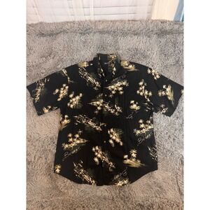Puritan Mens Bahamas Tropical Palm Tree Print Shirt Black Cotton Large L